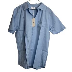 JEKAOYI Linen Blend Short Sleeve Button Down Pocket Shirt Men's Large Blue
